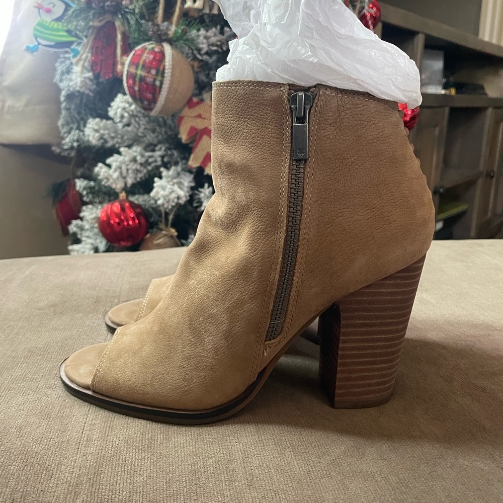 Tan Suede Open-Toe Heeled Boots